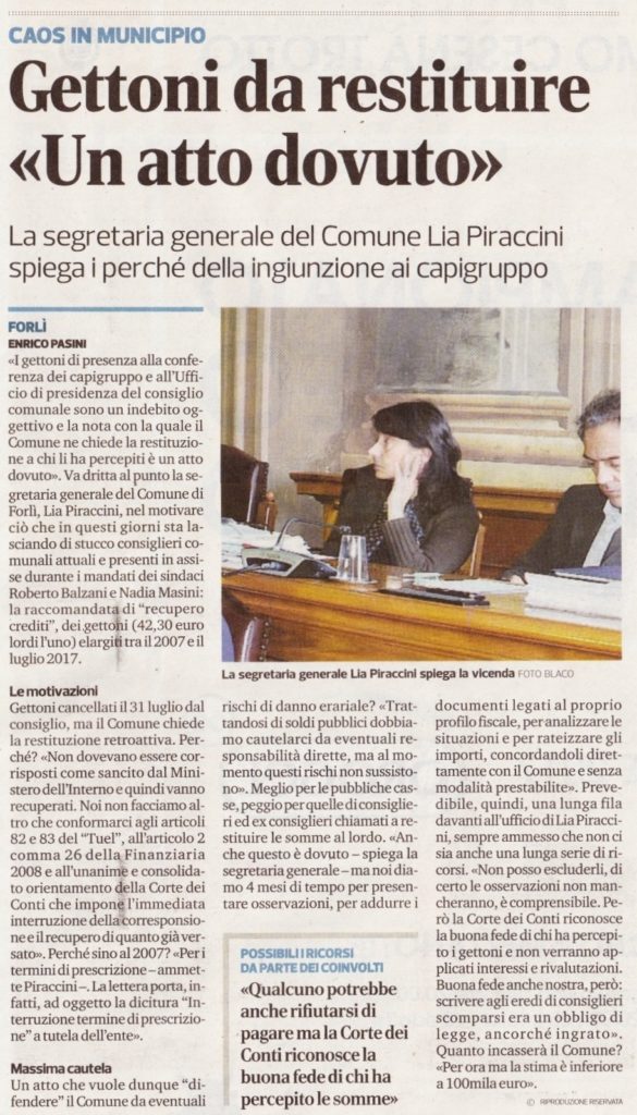 2017-09-06 - corriere - gettoni da restituire un atto dovuto