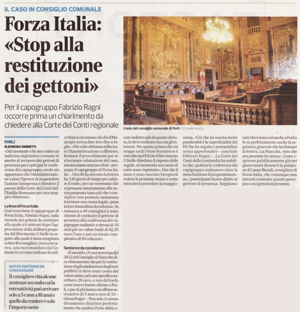 2017-09-16 - corriere - forza italia stop alla restituzione dei gettoni