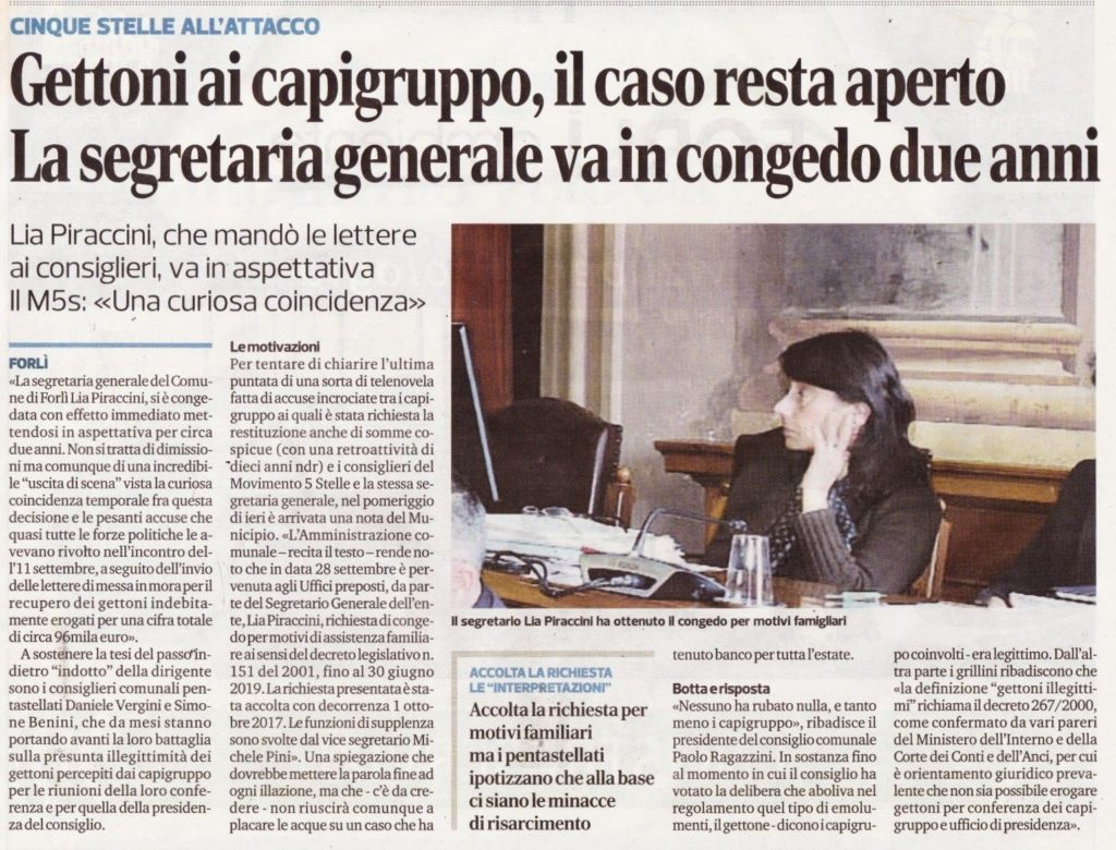 2017-10-04 - corriere - gettoni ai capigruppo il caso resta aperto. la segretaria generale va in congeto due anni