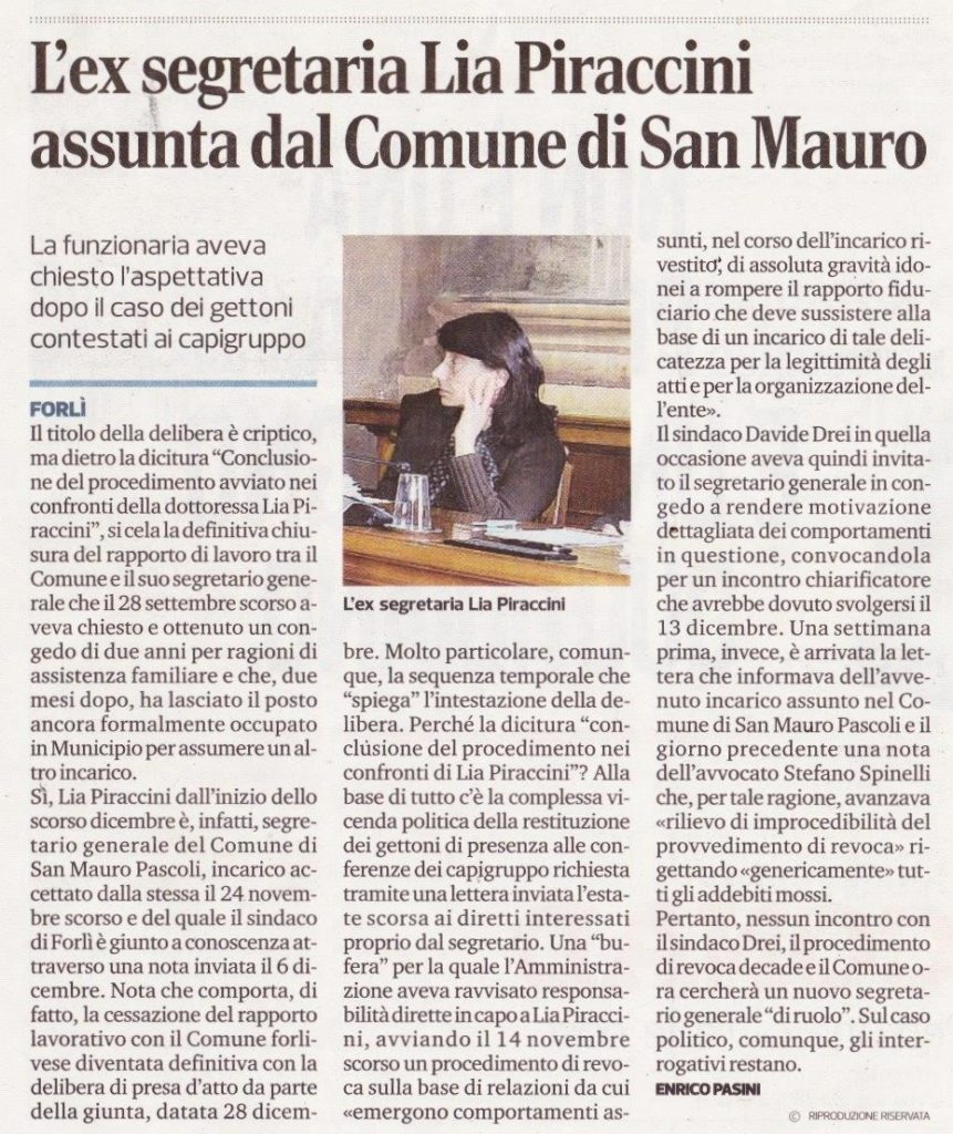 2018-01-03 - corriere - l'ex segretaria Lia Piraccini assunta dal Comune di San Mauro
