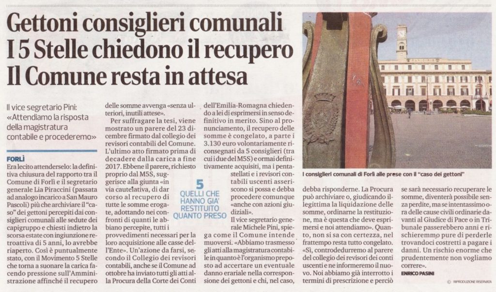 2018-01-06 - corriere - gettoni ai consiglieri comunali. i 5 Stelle chiedono il recupero il Comune resta in attesa
