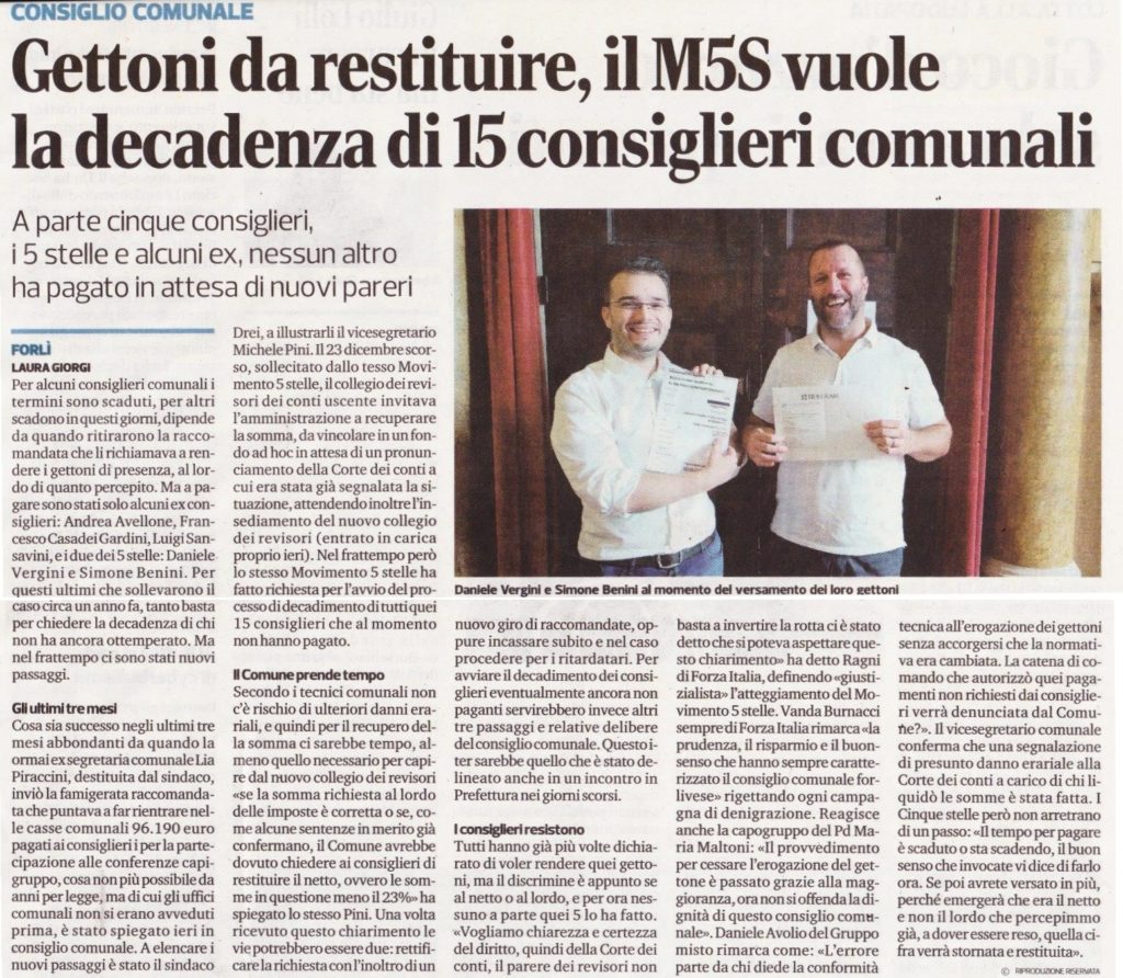 2018-01-17 - corriere - gettoni da restituire il M5S vuole la decadenza di 15 consiglieri comunali