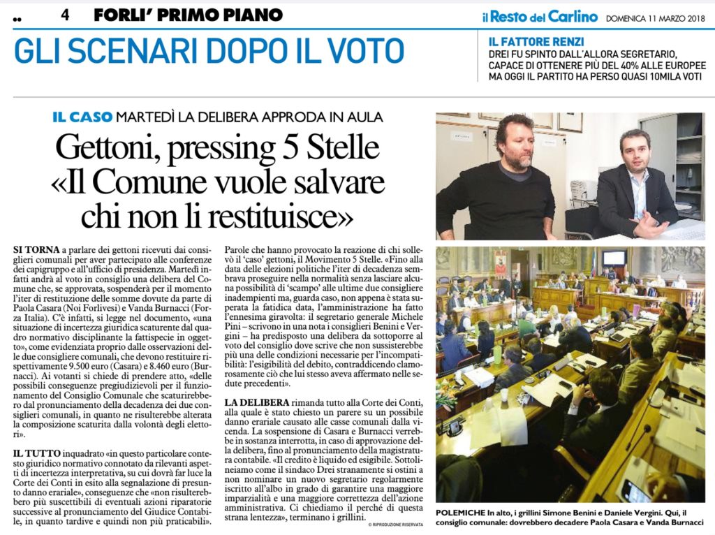 2018-03-11 - carlino - Gettoni, pressing 5 Stelle Il Comune vuole salvare chi non li restituisce